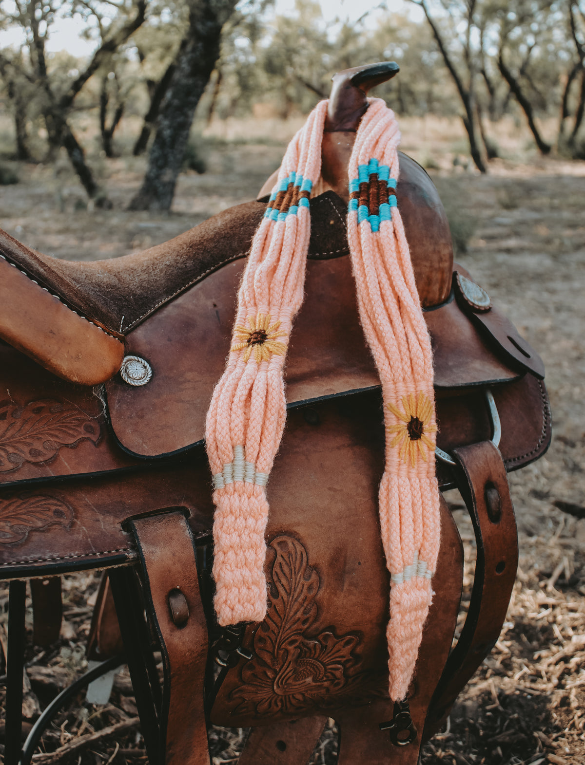 Hand braided wool purse strap with flowers